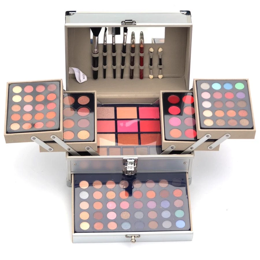 Three-tier silver makeup case open with eyeshadow, blush and lip palettes and brushes