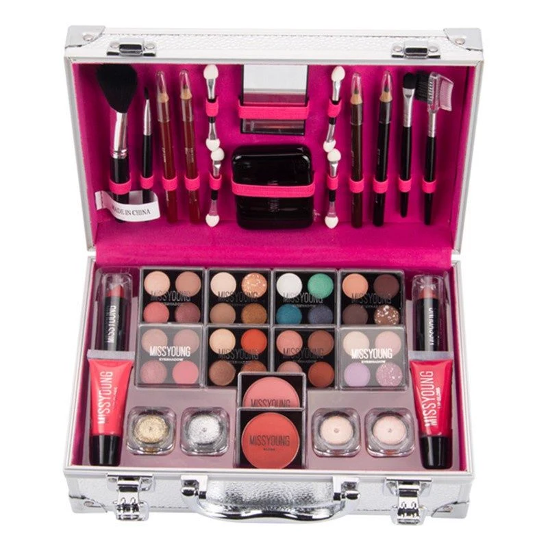 Silver makeup case with pink lining, eyeshadows, lip gloss, powder and brushes